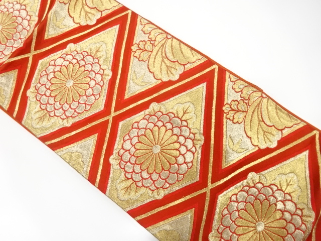 アンティーク　菱に菊・桐模様織り出し袋帯（着用可）